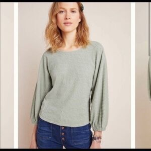 Anthropologie Sage Green Textured Puff Long Sleeve Top Like New Condition Large